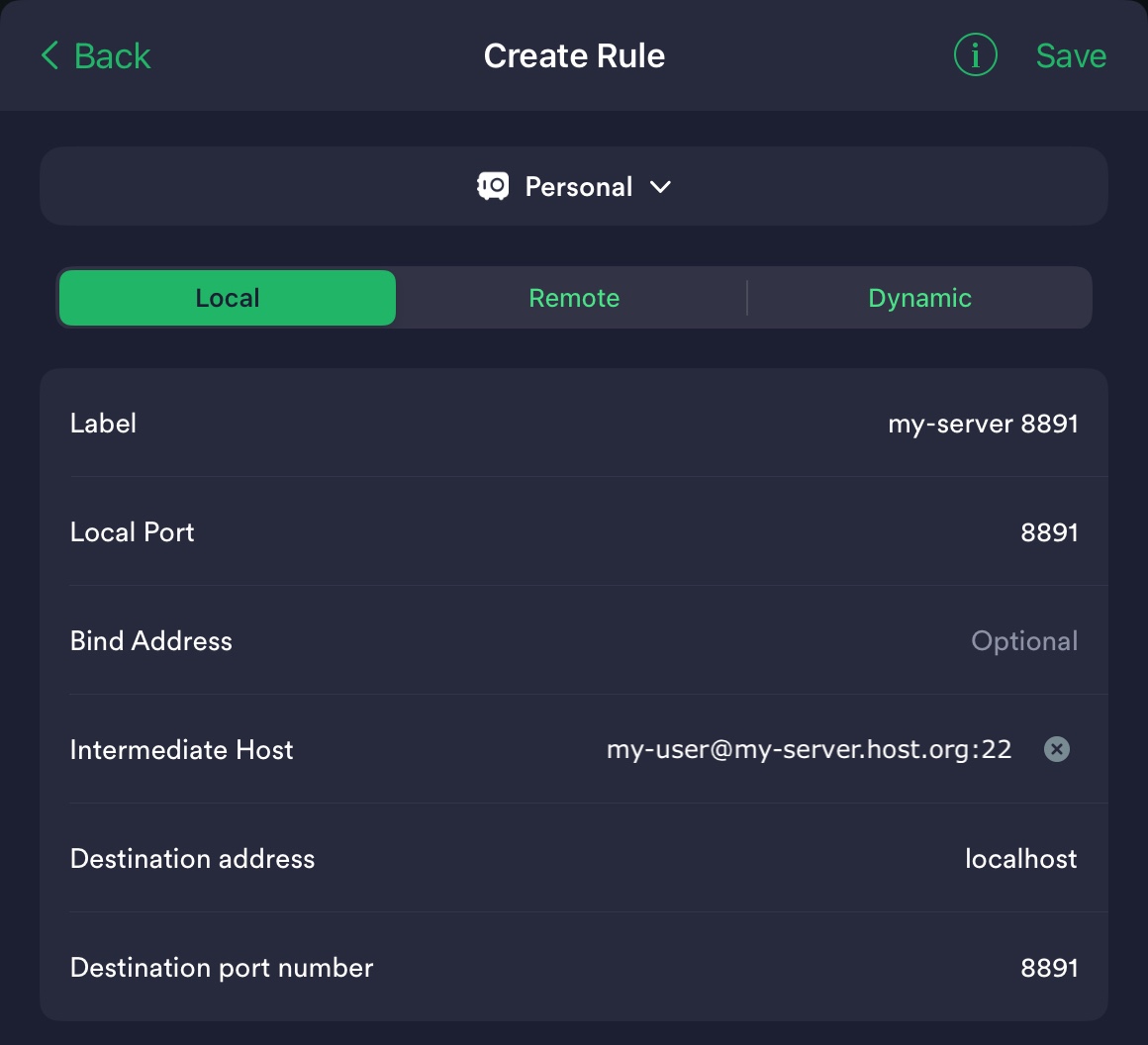 \”Create Rule\” window for port forwarding
